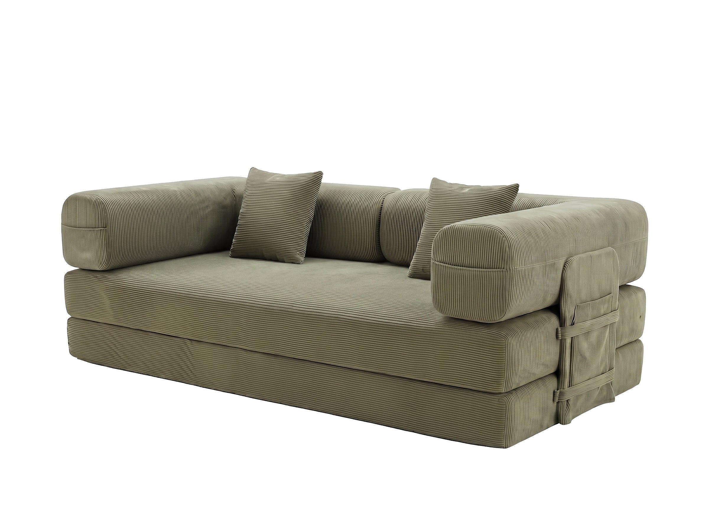 Olive green sofa bed, front side view