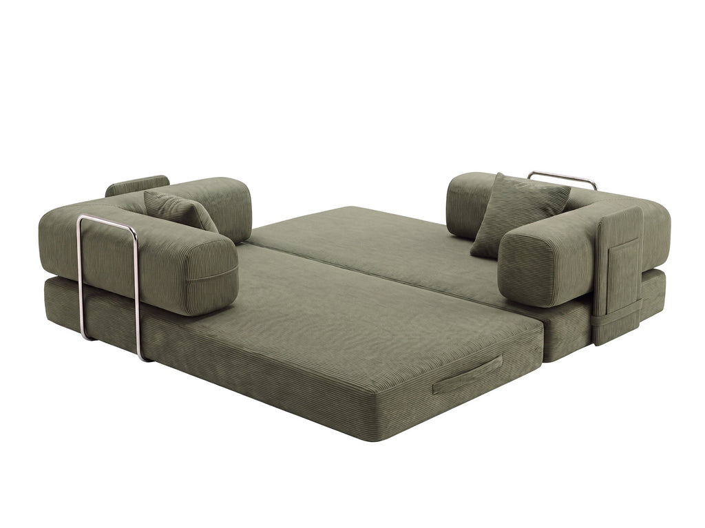 Olive green sofa bed unfolded as a bed