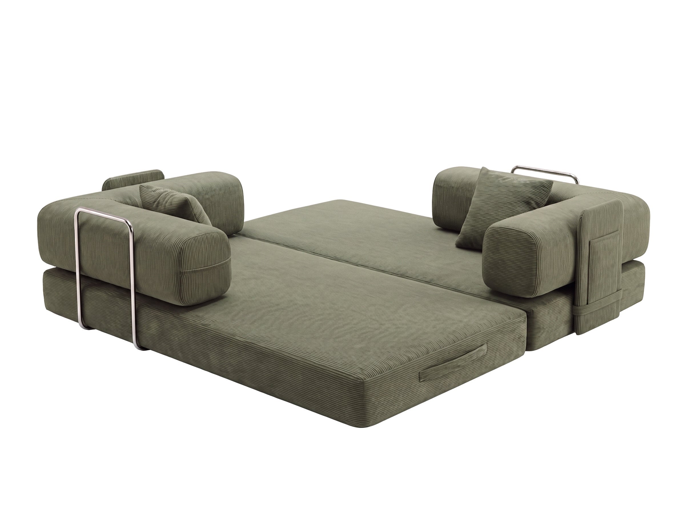 Olive green sofa bed unfolded as a bed