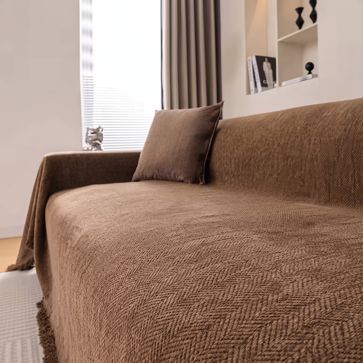 Chenille coffee brown sofa throw, 180 x 300 cm, draped over a sofa