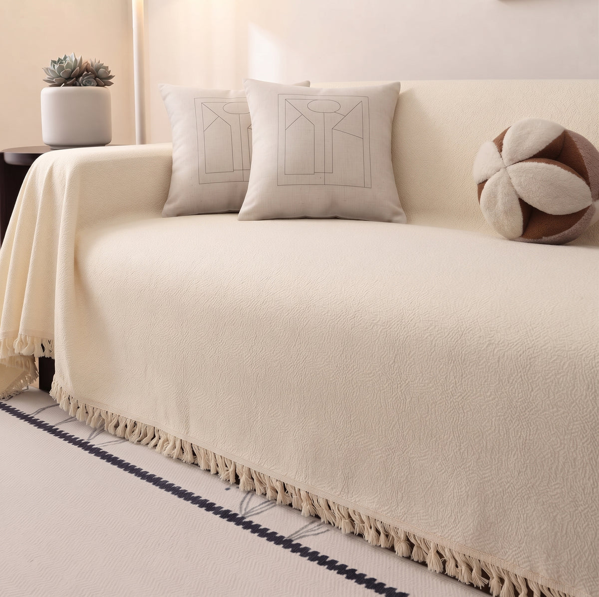 Velvet cream sofa throw, 180 x 300 cm, draped over a sofa