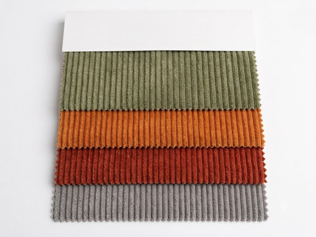 Corduroy fabric swatches in olive green, orange, clay red and gray, fanned out on a white card