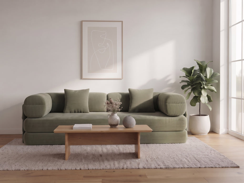 Olive green sofa bed in a living room, full view