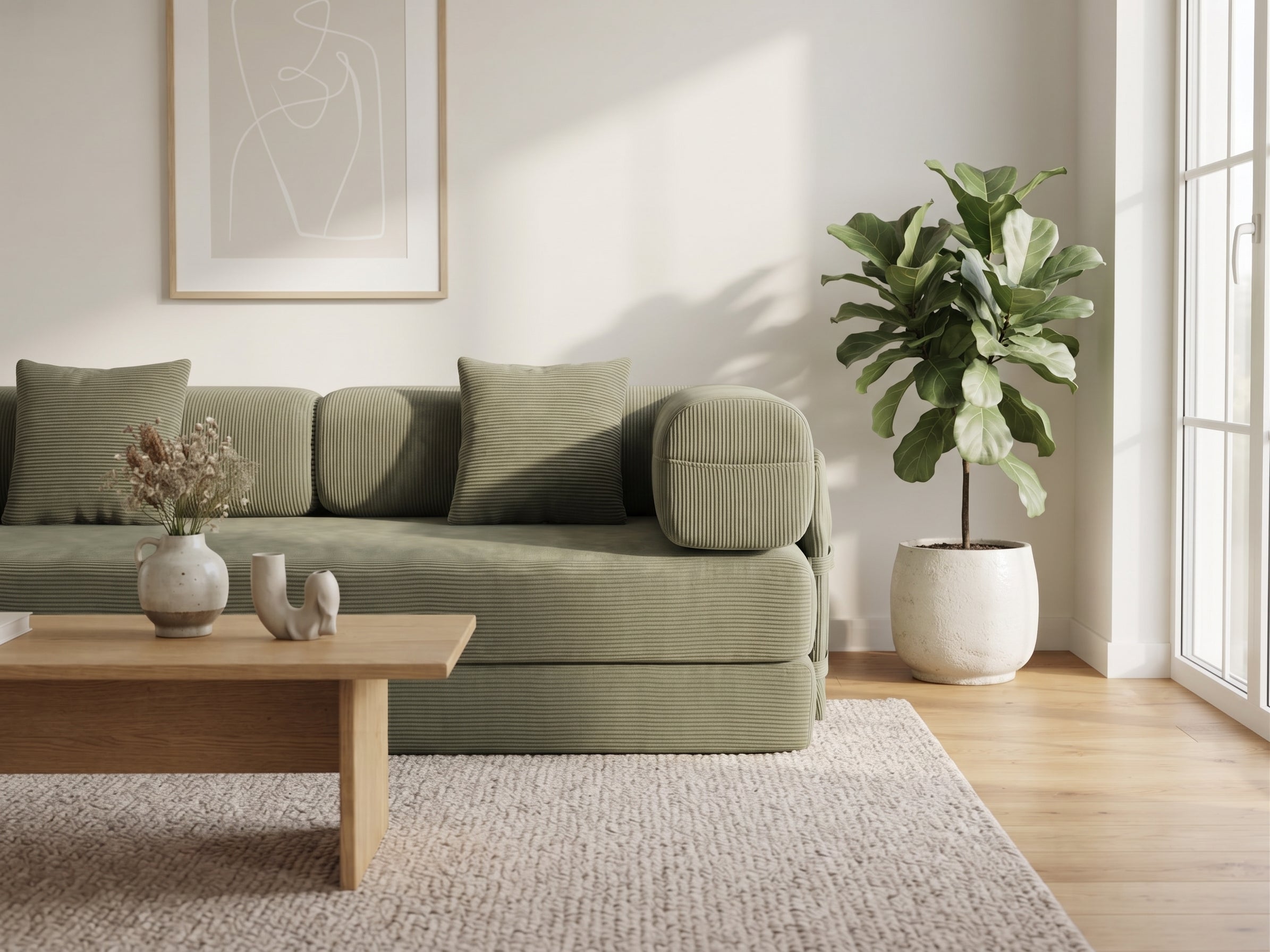 Olive green sofa bed in a living room, closer view